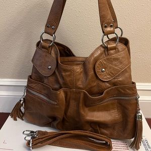 Vicenzo Leather Tri-Compartments Tote Shoulder Crossbody Purse EUC